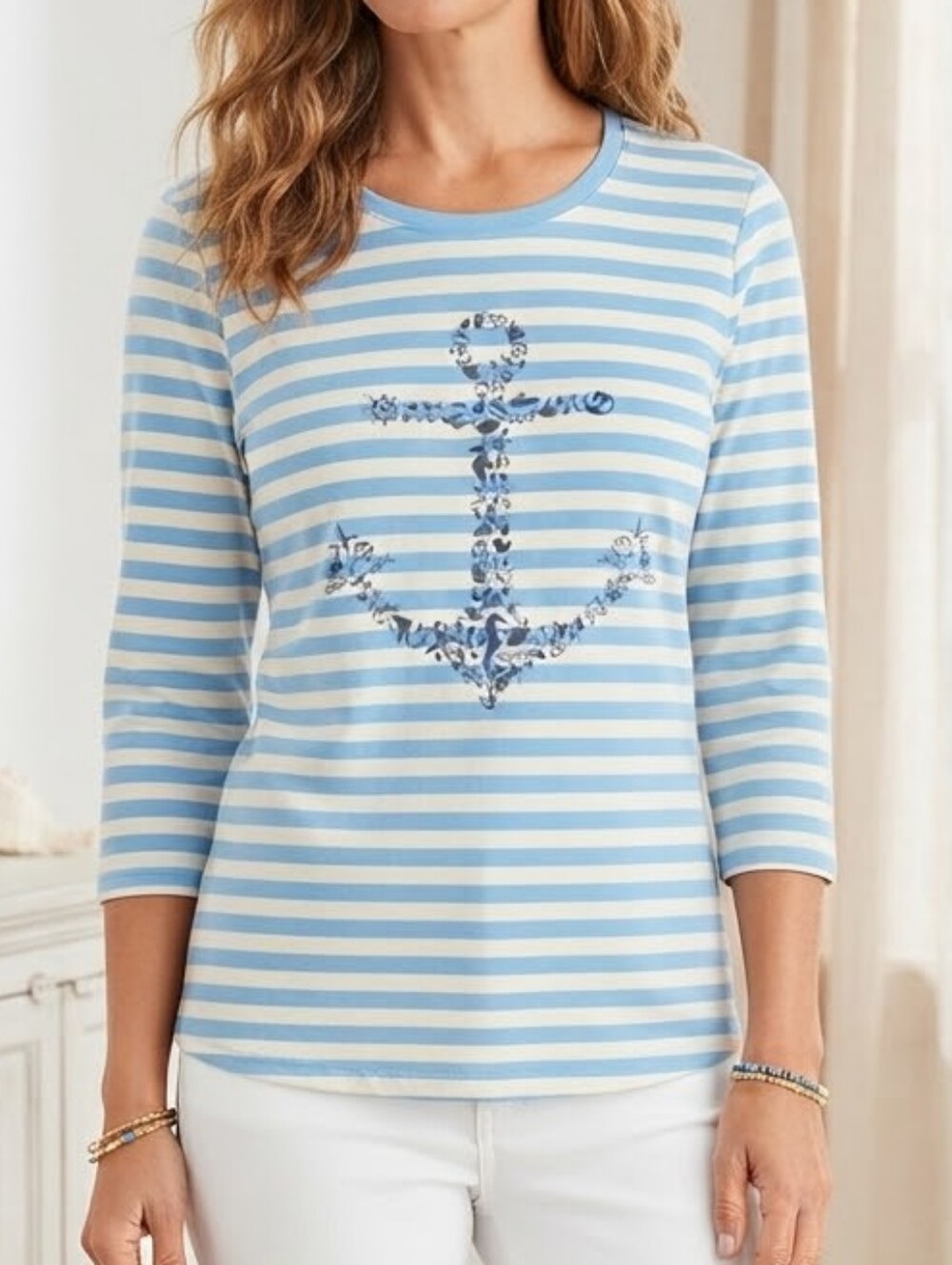 Talbots Light Blue & White Striped Anchor Long Sleeve Tee
